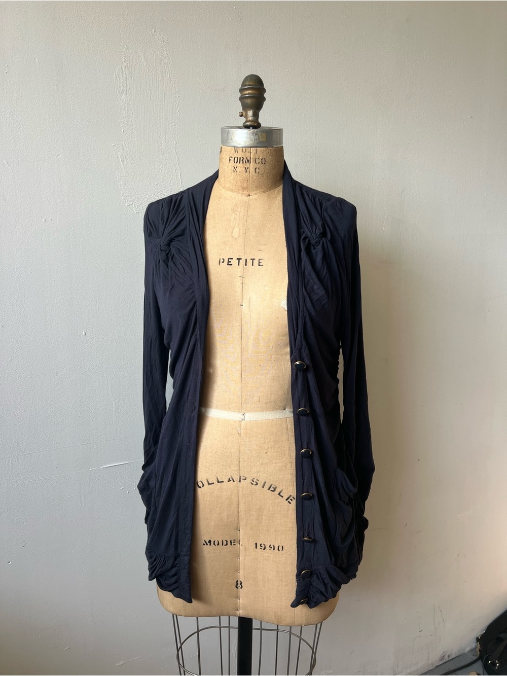 Leifsdottir Navy Blue Ruched Draped Cardigan Sweater Size S